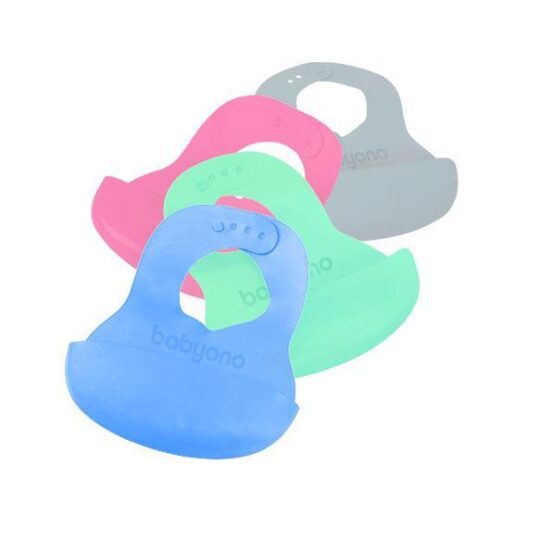 BABYONO Podbradník mäkký plastový s vreckom bez BPA šedý 6m+