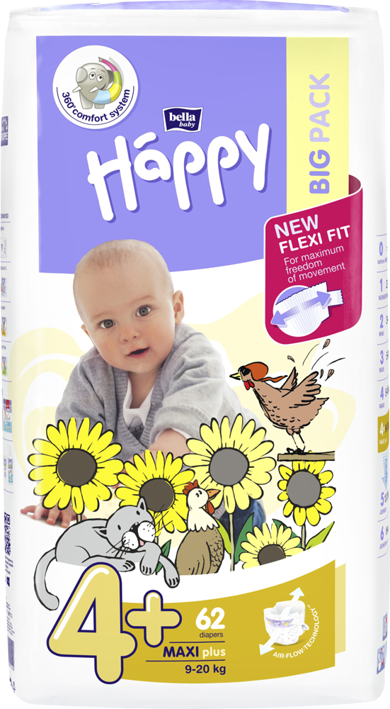 BELLA HAPPY Plienky jednorazové 4+ Maxi+ (9-20 kg) 62 ks – BIG PACK