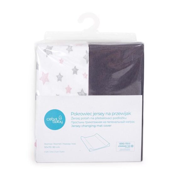 CEBA Poťah na prebaľovaciu podložku 50×70-80 cm 2 ks Dark Grey+Pink Stars