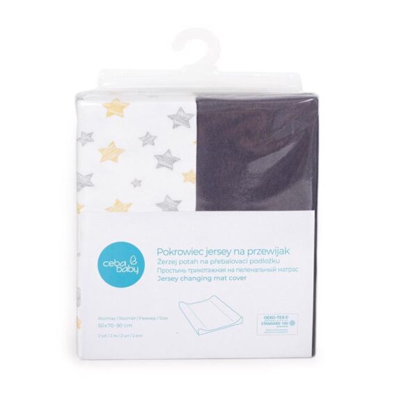 CEBA Poťah na prebaľovaciu podložku 50×70-80 cm 2 ks Dark Grey+Yellow Stars