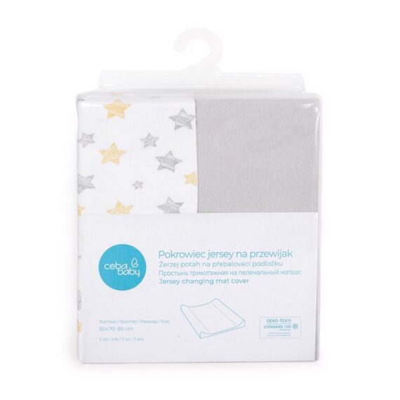 CEBA Poťah na prebaľovaciu podložku 50×70-80 cm 2 ks Light Grey+Yellow Stars