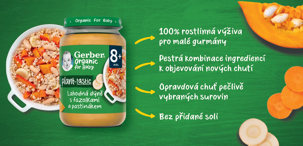 GERBER Organic 100% rastlinný príkrm lahodná tekvica s fazuľkami a paštrnákom 190 g