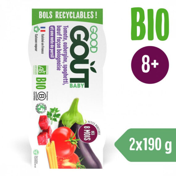 GOOD GOUT BIO Špagety s baklažánom a hovädzím mäsom (2×190 g), 8m+