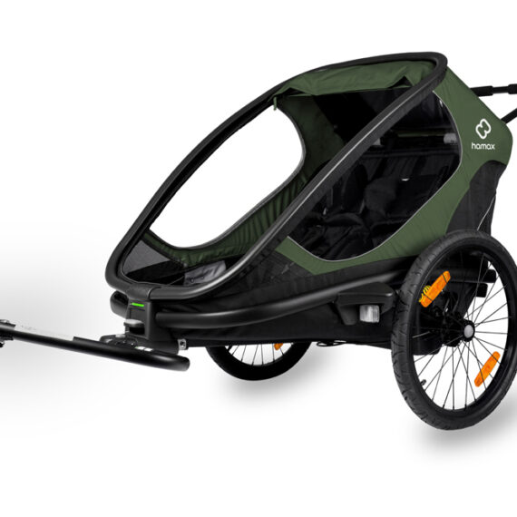 HAMAX Outback 2v1 – dvojmiestny vozík za bicykel vr. ramená + kočíkovú set – Green/Black, polohovaci