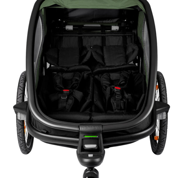 HAMAX Outback 2v1 – dvojmiestny vozík za bicykel vr. ramená + kočíkovú set – Green/Black, polohovaci