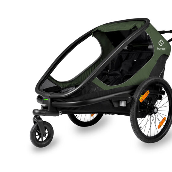 HAMAX Outback 2v1 – dvojmiestny vozík za bicykel vr. ramená + kočíkovú set – Green/Black, polohovaci