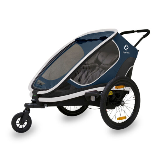 HAMAX Outback 2v1 – dvojmiestny vozík za bicykel vr. ramená + kočíkovú set – Navy/White, polohovacie