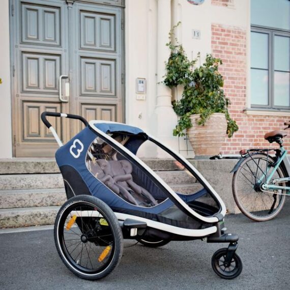 HAMAX Outback 2v1 – dvojmiestny vozík za bicykel vr. ramená + kočíkovú set – Navy Blue, polohovacie