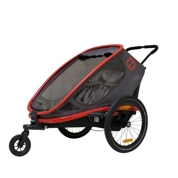 HAMAX Outback 2v1 – dvojmiestny vozík za bicykel vr. ramena + kočíkový set Grey/Red/Antracit poloh.