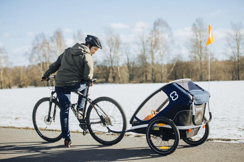 HAMAX Outback One – jednomiestny vozík za bicykel vr. ramená + kočíkovú set – Navy Blue, polohovacie