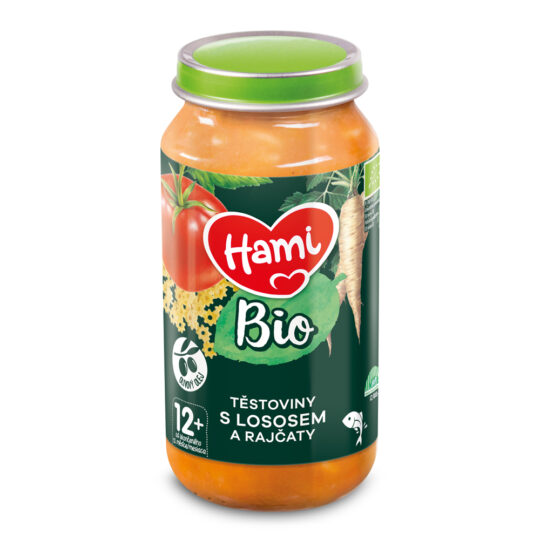 HAMI BIO Príkrm mäsovo-zeleninový Cestoviny s lososom a paradajkami 250 g,