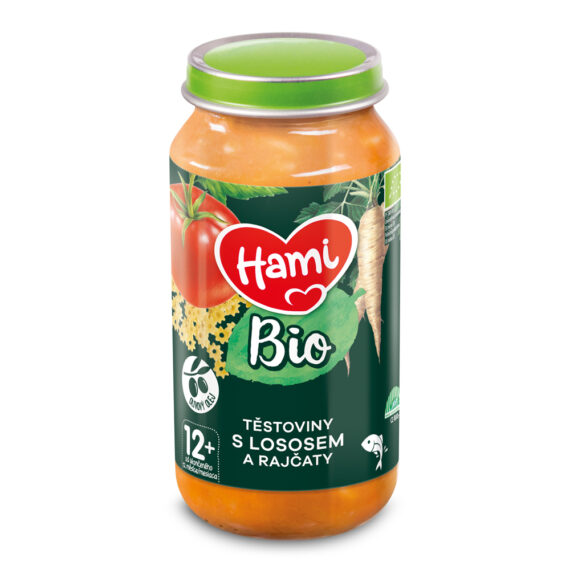 HAMI BIO Príkrm mäsovo-zeleninový Cestoviny s lososom a paradajkami 250 g,