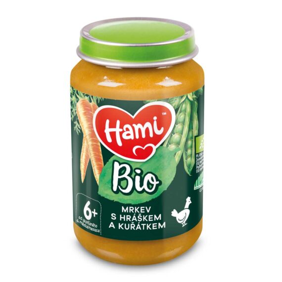 HAMI Príkrm Mäsovo-zeleninový Mrkva s hráškom a kuraťom BIO 190 g, 6m+