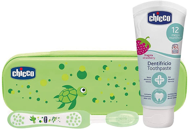 CHICCO Set zubná kefka a pasta s puzdrom Always Smiling zelená 12m+