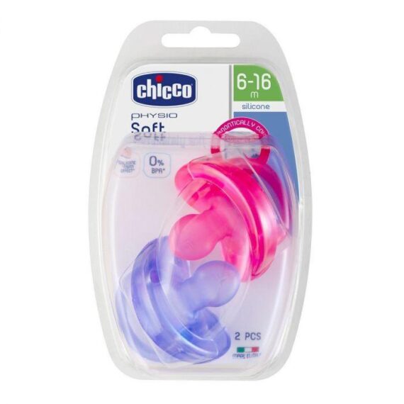 CHICCO Cumlík Physio Soft celosilikónový 6-16m dievča 2 ks