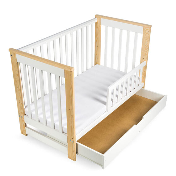 KLUPS Postieľka detská so zábranou a šuplíkom Iwo biela-natural 120×60 cm
