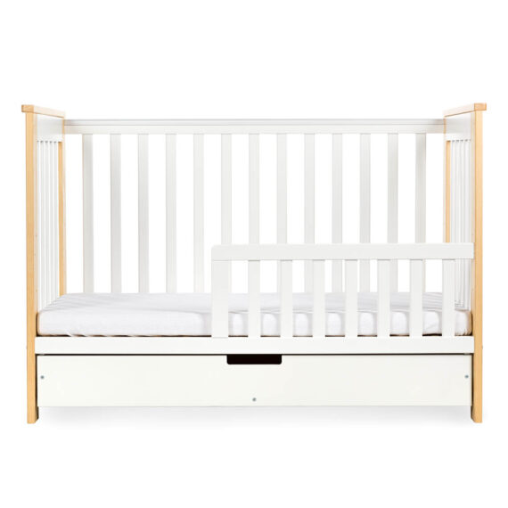 KLUPS Postieľka detská so zábranou a šuplíkom Iwo biela-natural 120×60 cm