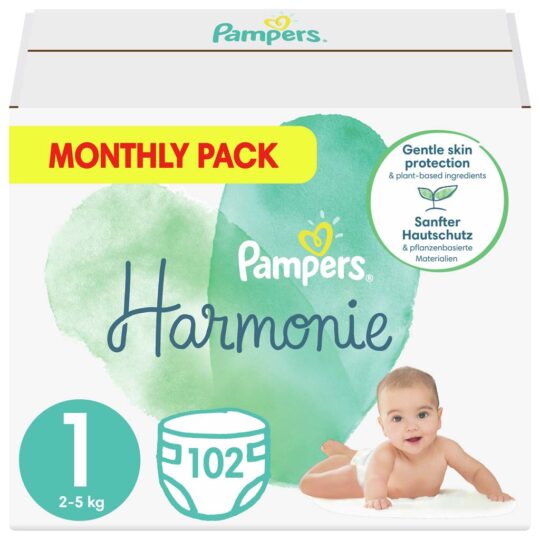 PAMPERS Harmonie Plienky jednorazové 1 (2-5 kg) 102 ks – MESAČNÁ ZÁSOBA