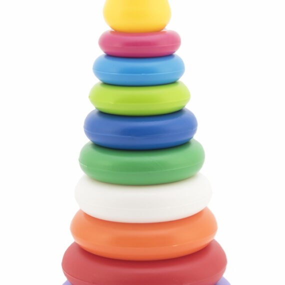 TEDDIES Skladačka pyramída s krúžkami mix so žltou, 12m+