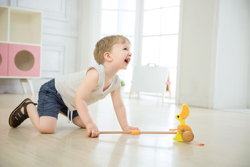 TEDDIES Strkadlo Kačička tlačiaca s tyčkou drevená 55 cm, 12m+