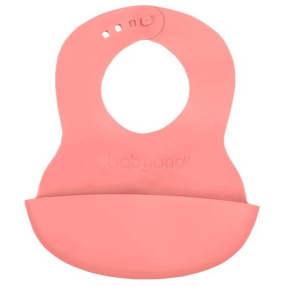 BABYONO Podbradník mäkký plastový s vreckom bez BPA coral 6m+