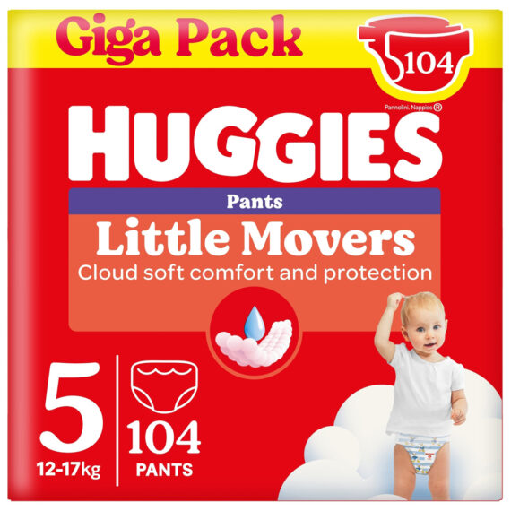 HUGGIES® Nohavičky jednorazové Little Movers Pants veľ. 5 (12-17 kg), 104 ks BOX