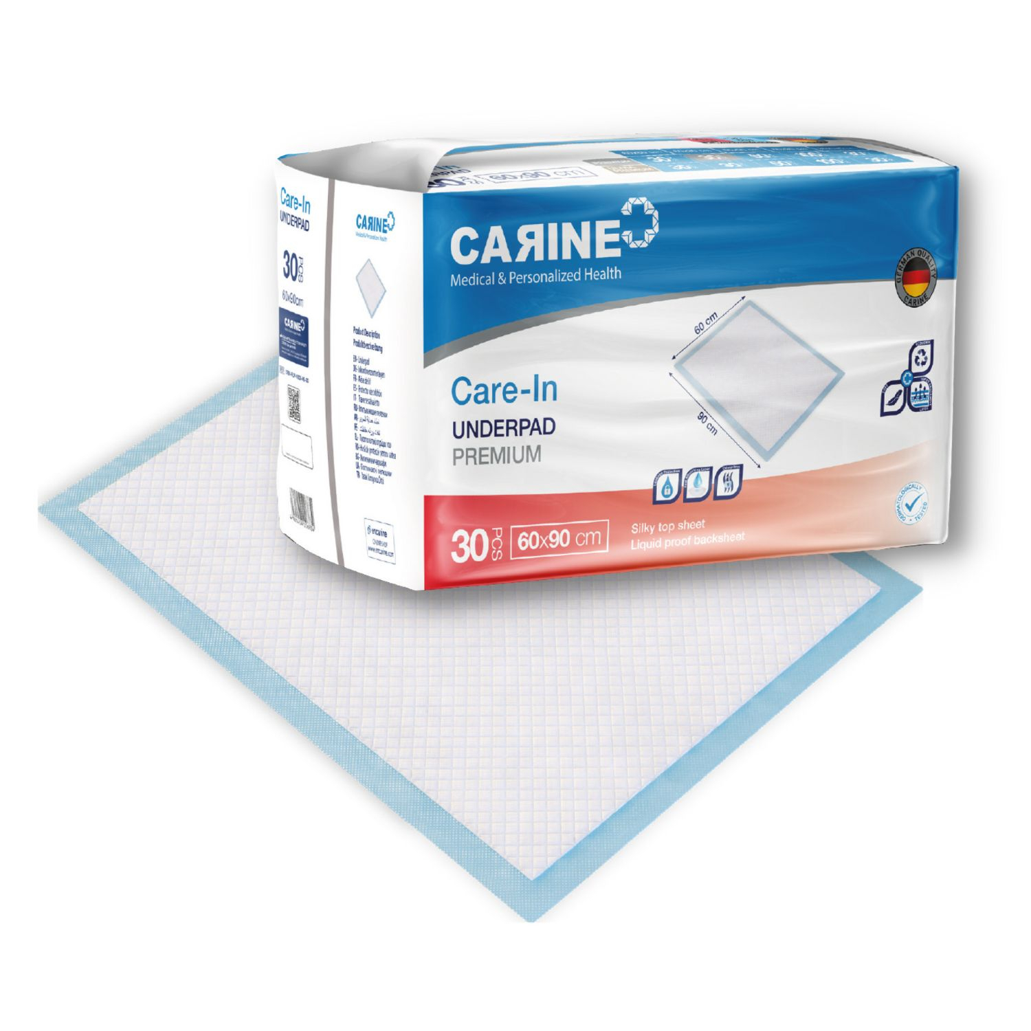 CARINE Jednorazové absorbčné podložky, modré, 60cmx90cm, absorbcia 1000 ml, 30ks