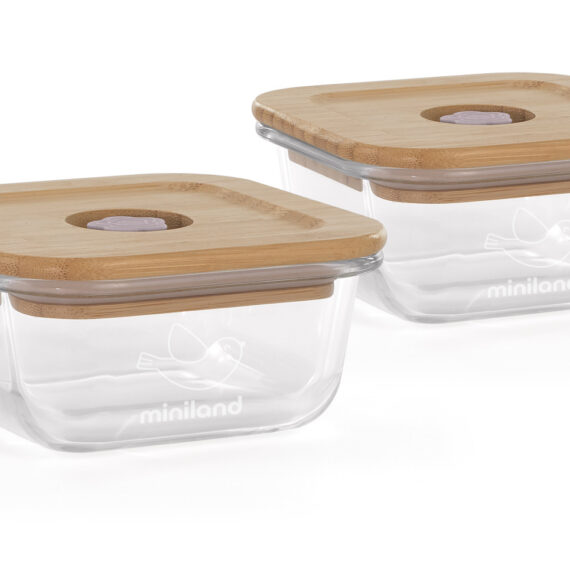 Miniland ECO-friendly Sklenené štvorcové nádoby 2x210 ml s izotermickou taškou, Vtáčik