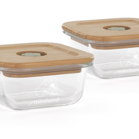Miniland ECO-friendly Sklenené štvorcové nádoby 2x210 ml s izotermickou taškou, Žabka