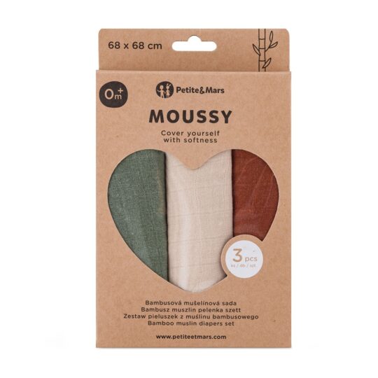 PETITE & MARS Sada plienok bambusová mušelínová 3ks Moussy Earth Tones 68 x 68 cm