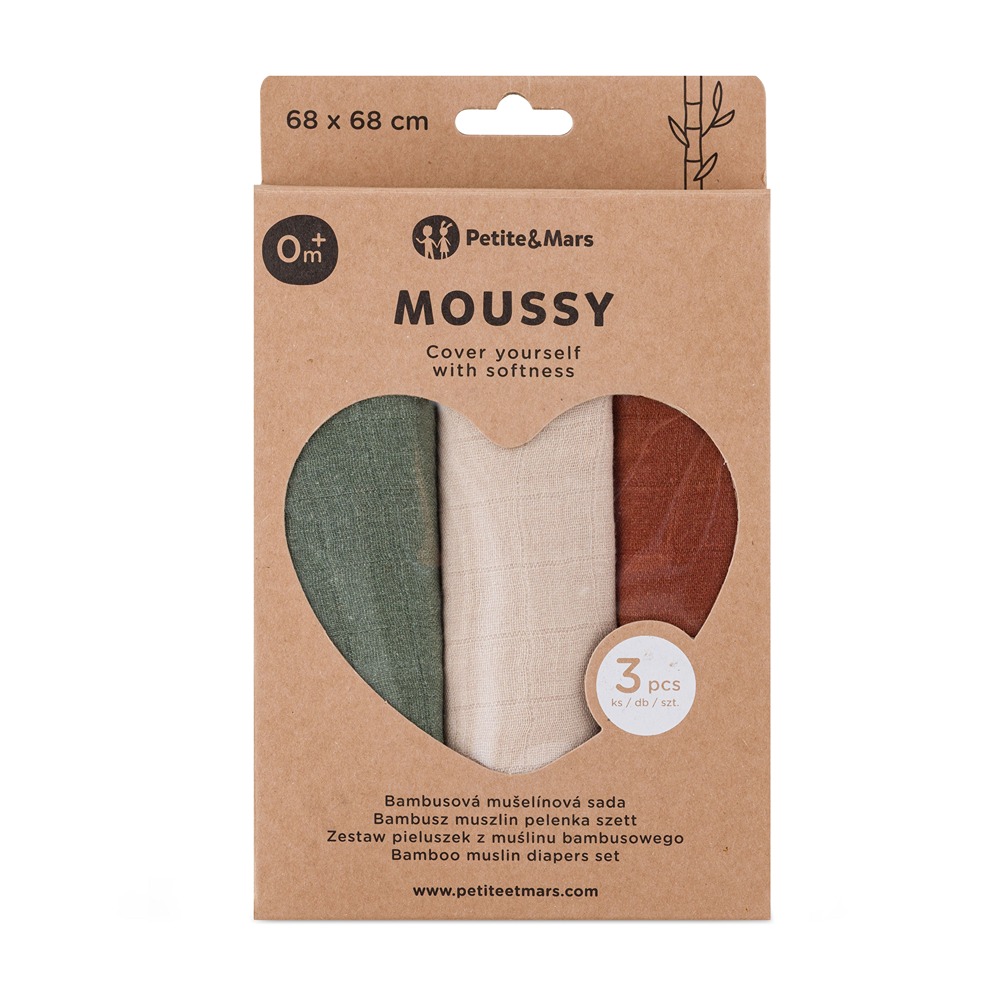 PETITE & MARS Sada plienok bambusová mušelínová 3ks Moussy Earth Tones 68 x 68 cm