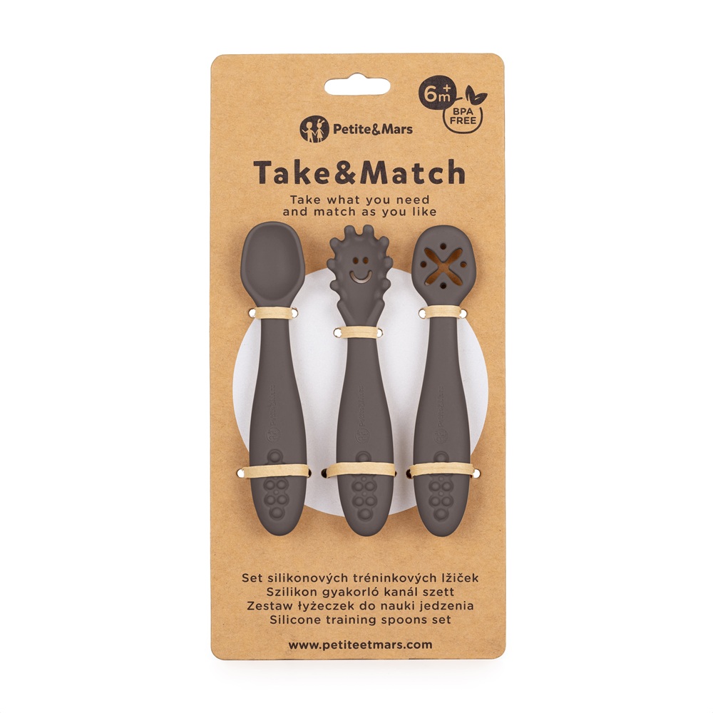 PETITE&MARS Set 3 ks silikónových tréningových lyžičiek Take&Match Bitter Cocoa 6m+