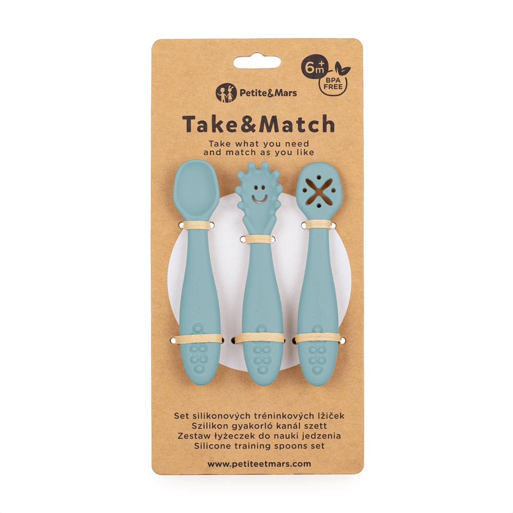 PETITE&MARS Set 3 ks silikónových tréningových lyžičiek Take&Match Frosted Sky 6m+