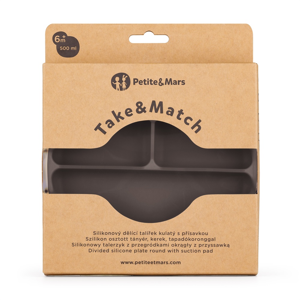 PETITE&MARS Tanierik silikónový deliaci okrúhly Take&Match Bitter Cocoa 6m+