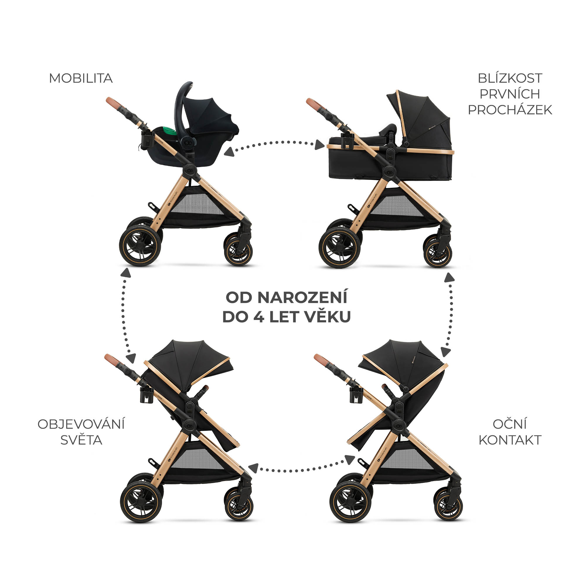 KINDERKRAFT Kočík kombinovaný 3v1 Esme Pure Black