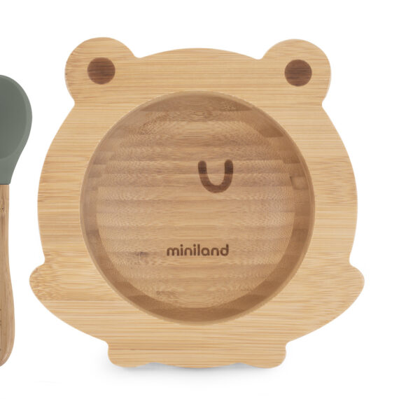 Miniland ECO-frienly Miska s lyžičkou z dreva, Žabka