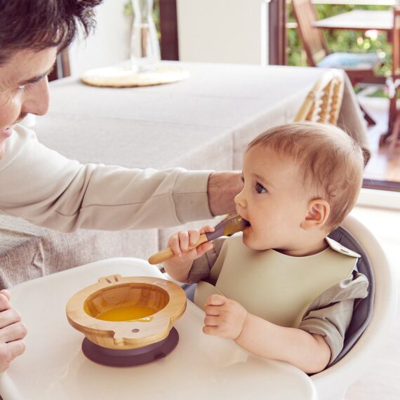 Miniland ECO-frienly Miska s lyžičkou z dreva, Žabka