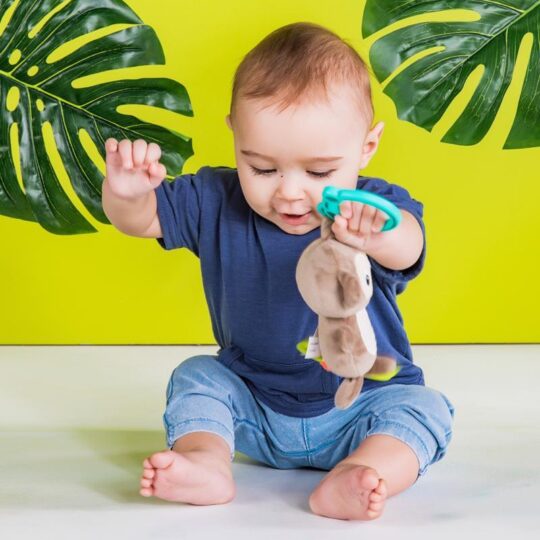 BRIGHT STARTS Hračka s melódiou na C krúžku Tug Tunes opica 0m+