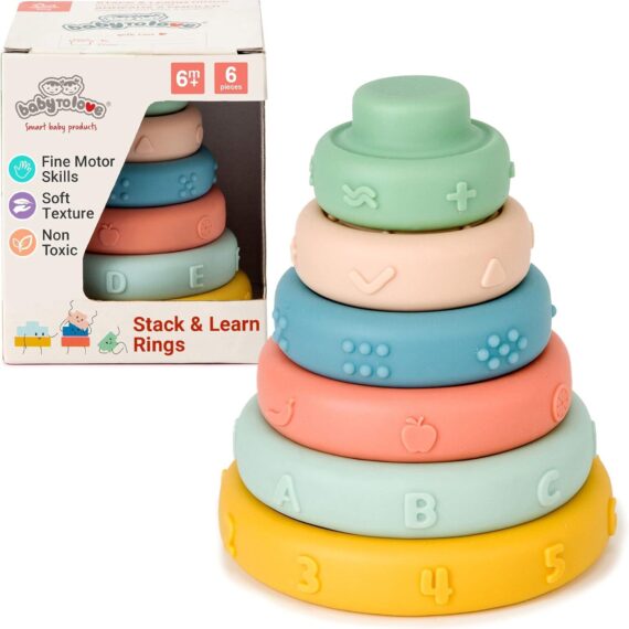 BabyToLove Stack and Learn Mäkké senzorické krúžky-edukačná skladacia pyramída pre bábätká