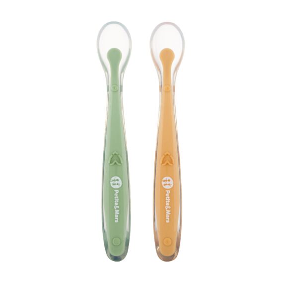 PETITE&MARS Silikónové lyžičky s puzdrom, sada 2 ks, Take&Match Pea - Ochre 6m+