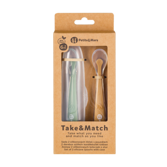 PETITE&MARS Silikónové lyžičky s puzdrom, sada 2 ks, Take&Match Pea - Ochre 6m+