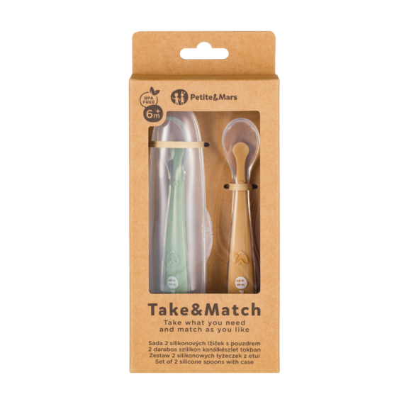 PETITE&MARS Silikónové lyžičky s puzdrom, sada 2 ks, Take&Match Pea - Ochre 6m+