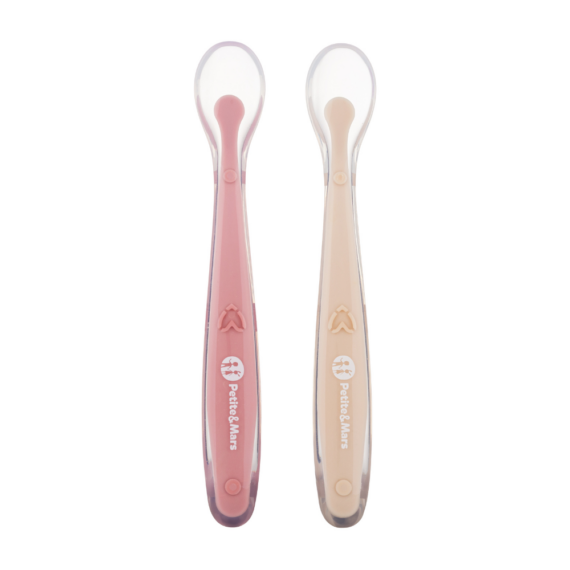 PETITE&MARS Silikónové lyžičky s puzdrom, sada 2 ks, Take&Match Sand - Rose 6m+
