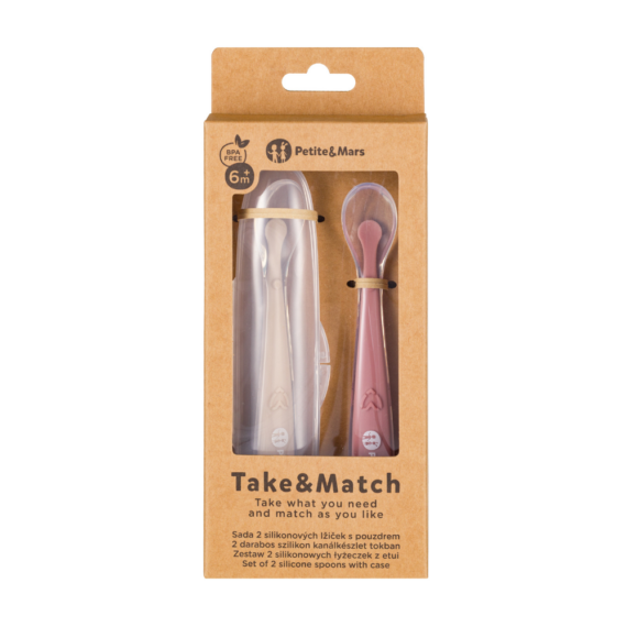 PETITE&MARS Silikónové lyžičky s puzdrom, sada 2 ks, Take&Match Sand - Rose 6m+