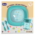 CHICCO Set jedálenský - miska, tanier, fľaša a príbor blue 12m+