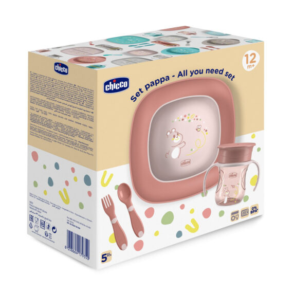 CHICCO Set jedálenský - miska, tanier, fľaša a príbor pink 12m+
